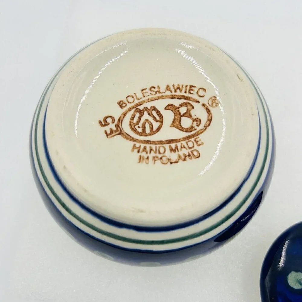 Boleslawiec Polish Pottery Hand Painted Greek Key Pattern Sugar/Jam Bowl w/Lid